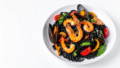 Black pasta with shrimp, mussels and vegetables; flat lay; 