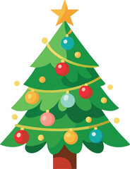 Christmas tree decorated with ornaments and lights, isolated on white background, vector illustration