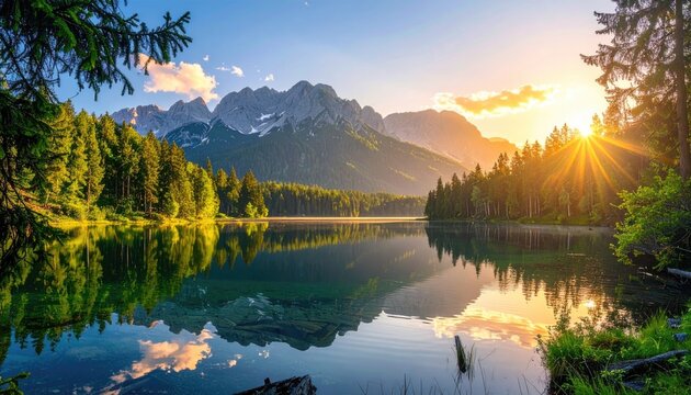 Scenic Mountain Lake Reflection at Sunset with Forest and Sky in Golden Light Tranquil Landscape with Vivid Colors and Mountain Peaks