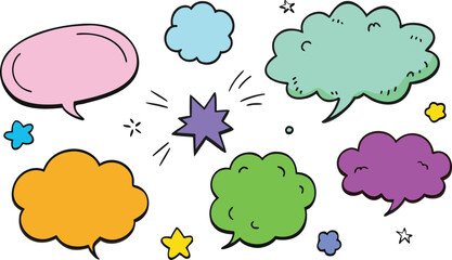 "Colorful collection of hand-drawn comic speech bubbles and thought clouds in various shapes and pastel colors (pink, blue, green, yellow, purple, orange). Includes rectangles, circles, clouds, stars,