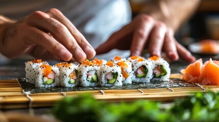 Chef preparing fresh sushi rolls with salmon and avocado