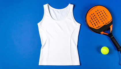 Flat lay style of tank top for exercise mock up, racket and ball as the background