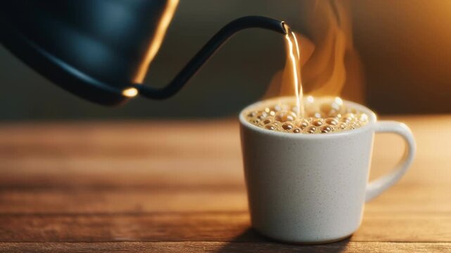 Slow bar coffee, steaming coffee being poured into a cup.
