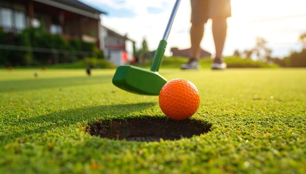 Miniature Golf Player Putting Ball into Hole on a Green Course