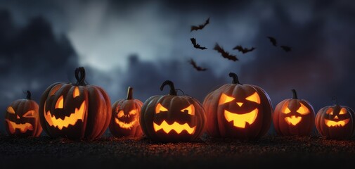 The Jack-o'-lanterns Lined Up on a Spooky Foggy Night with Flying Bats