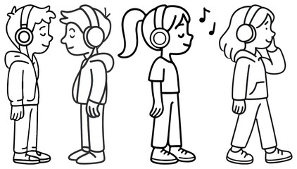 PNG Cartoon kids enjoying music, element set on transparent background