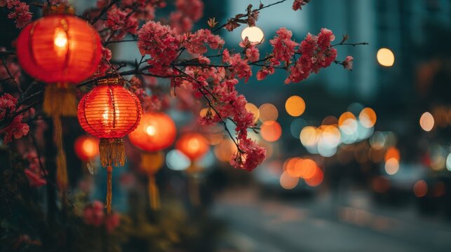 Vibrant red lanterns glow amidst delicate pink blossoms, creating a magical atmosphere for festive celebrations and cultural events.
