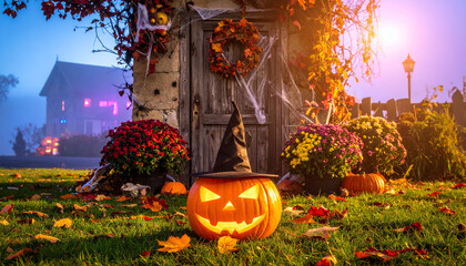 Pumpkin with a hat and flowers on the lawn; old door decorated for Halloween