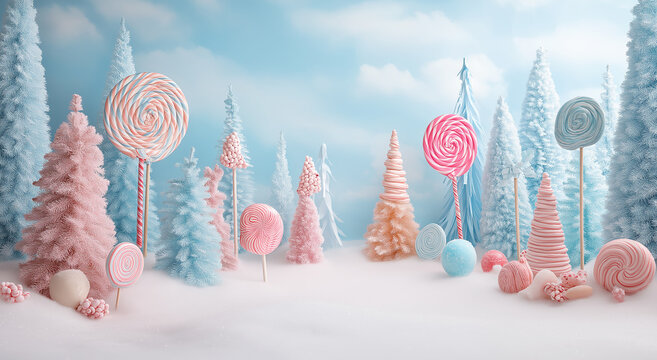 christmas candyland christmas trees in the snow with candy canes and marshmallows on a blue background - Powered by Adobe