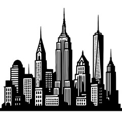 Obraz premium Iconic New York City Skyline Silhouette Art: Capturing the Majestic Architectural Grandeur of Famous Skyscrapers like the Empire State Building, Chrysler Building, and One World Trade Center in a Stri