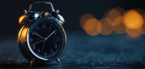 The vintage alarm clock illuminated by warm bokeh lights on a dark background