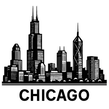 Chicago Skyline Silhouette Vector Art Illustration of iconic Willis Tower amidst stunning downtown cityscape. Perfect for travel, tourism, home decor, digital prints, apparel, posters, web graphics. M