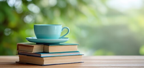 The cup and saucer resting on stacked books in bright outdoor setting