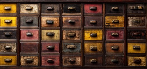 The Apothecary Cabinet of Weathered Multicolored Wooden Drawers with Vintage Metal Handles