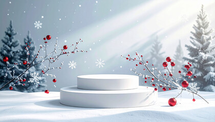 A white podium with snow flakes and white branches with red balls on the background