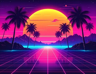 A vibrant neon landscape featuring palm trees, mountains, and a glowing sun, reflecting on a tiled path