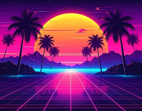A vibrant neon landscape featuring palm trees, mountains, and a glowing sun, reflecting on a tiled path
