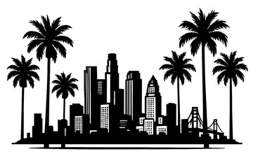 Black silhouette of a dynamic city skyline with towering skyscrapers, iconic palm trees, and a prominent suspension bridge, reminiscent of Los Angeles. This versatile urban landscape artwork is perfec