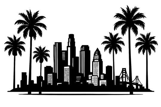 Black silhouette of a dynamic city skyline with towering skyscrapers, iconic palm trees, and a prominent suspension bridge, reminiscent of Los Angeles. This versatile urban landscape artwork is perfec