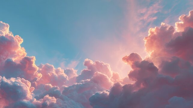 Dreamy pastel pink clouds bathed in golden sunlight create a serene sky backdrop for inspiring creative projects