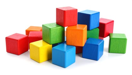 Obraz premium A vibrant pile of colorful wooden cubes arranged on a clean white background, creating a playful and educational visual