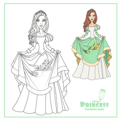 Fototapeta premium Beautiful princess with curly hair holds in her dress daffodils color and outlined isolated on white background