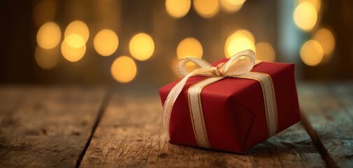 The Red Gift Box with Gold Ribbon on Rustic Wooden Table and Bokeh Lights