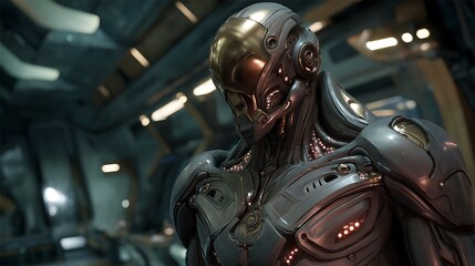 A close-up of a humanoid robot, featuring intricate metalwork and a reflective visor, set against a futuristic backdrop that enhances its technological appeal.