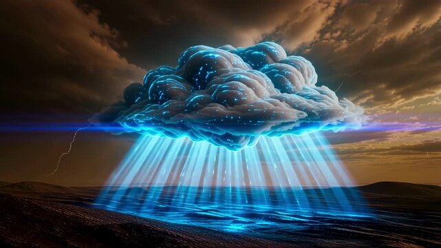 Abstract cloud emitting blue beams of light onto a desolate landscape with dramatic sky