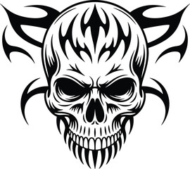 Aggressive Black and White Skull with Tribal Tattoos or Flames, Fierce Expression, Vector Artwork for T-shirt Design, Representing Power, Danger, and Gothic Style.
