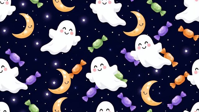 Cute halloween ghosts moons candies seamless pattern