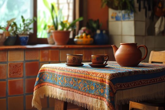Warm Latin American Kitchen with Handmade Ceramics and Terracotta Tiles