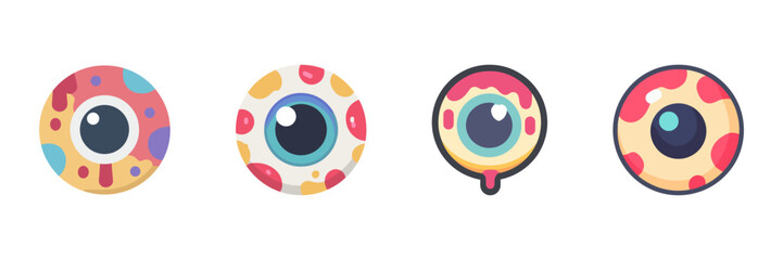 Creepy Eyeball Halloween Icon Set, Cartoon Monster Eyes With Veins And Scary Expressions Isolated On Transparent Background