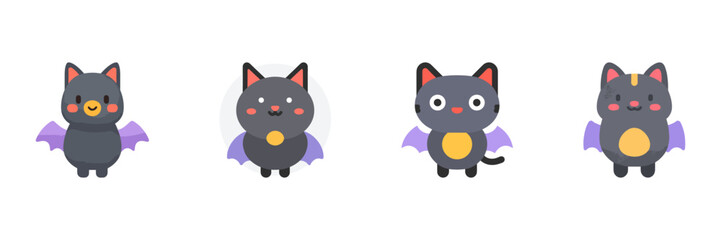 Cute Bat Cats With Purple Wings Icon Set. Adorable Hybrid Creatures For Halloween. Isolated Vector Illustration