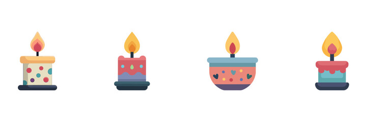 Halloween Candle Icon Set, Cute Cartoon Wax Candles With Burning Flame And Decorative Elements Isolated On Transparent Background
