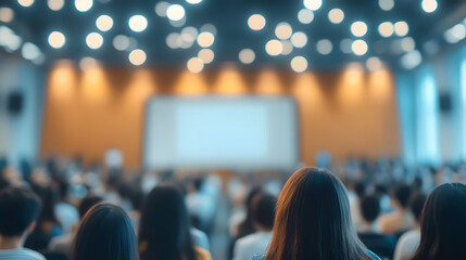A group of students and professionals listens attentively to a presenter in a conference hall, with a blurred background highlighting the seminar atmosphere.