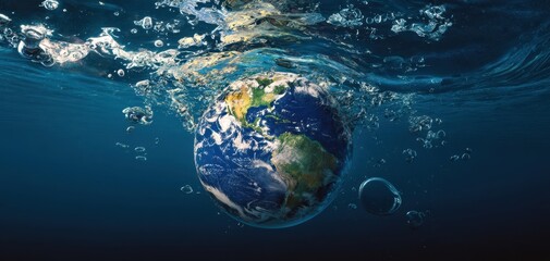 The Earth Submerged in Water With Splashing Bubbles and Rippling Ocean Surface