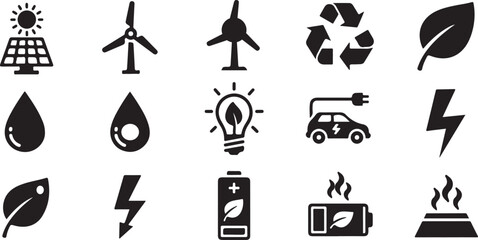 Minimalist Eco-Friendly & Green Energy Icon Set – Black & White Vector Icons