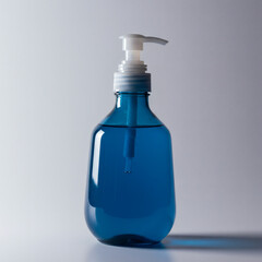 Blue liquid soap dispenser with white pump against a transparent background