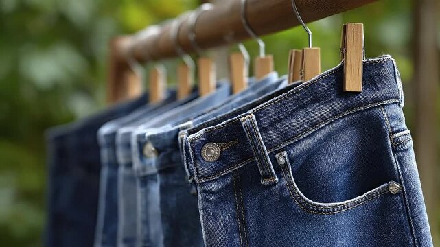 Jeans hang on a wood rod with metal hangers held by a clothespin against a leafy background
