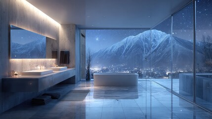 Modern bathroom with large windows showcasing snowy mountains and starry night sky, minimalistic design and warm lighting
