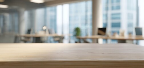 The Wooden Table in a Modern Blurred Office Interior with Bright Natural Light