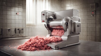 Stainless Steel Meat Grinder with Ground Meat Overflowing on Kitchen Counter in Industrial Setting