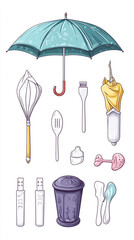 Professional vector set umbrella, USB stick, utensils, unicorn, urn educational resource, perfect padding, white backdrop