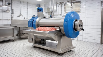 Fototapeta premium Industrial meat grinder in a clean, modern kitchen with stainless steel equipment and freshly ground meat visible on the countertop