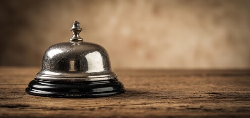 The Service Bell on a Rustic Wooden Counter Evoking Vintage Hotel Reception Warmth
