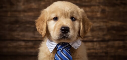 The Golden Retriever Puppy Wearing a Blue Striped Tie Sits Against a Rustic Wooden Background