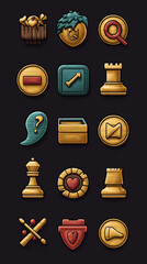 Q icon set with quirky elements queen chess, quest path, question box balanced icon sizing, labeled for app use