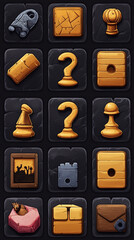 Q icon set with quirky elements queen chess, quest path, question box balanced icon sizing, labeled for app use