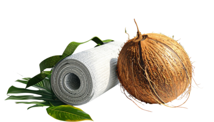 Whole Coconut With Fibrous Husk Beside Yoga Mat Bag With Green Strap, Isolated on Transparent Background.